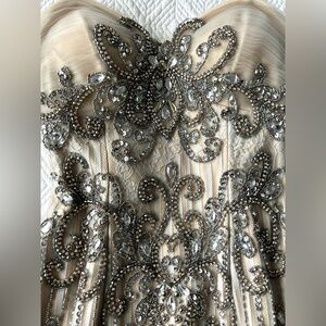 Moshita Couture Embellished Tulle Strapless Evening Gown in Champagne & Silver